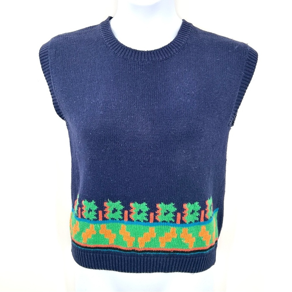 VINTAGE RLM NAVY BLUE BRIGHT ORANGE & GREEN SLEEVELESS SWEATER - L